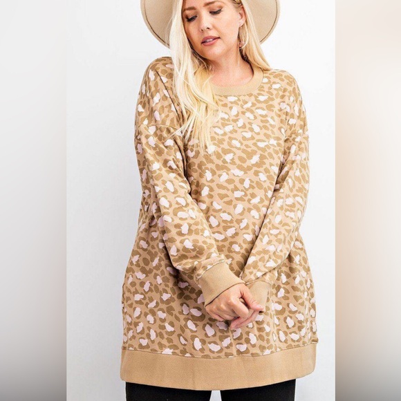 •EASEL•PARCHMENT LEOPARD PRINT CREWNECK KNIT LONG SLEEVE DRESS W/POCKETS LARGE - Picture 1 of 11